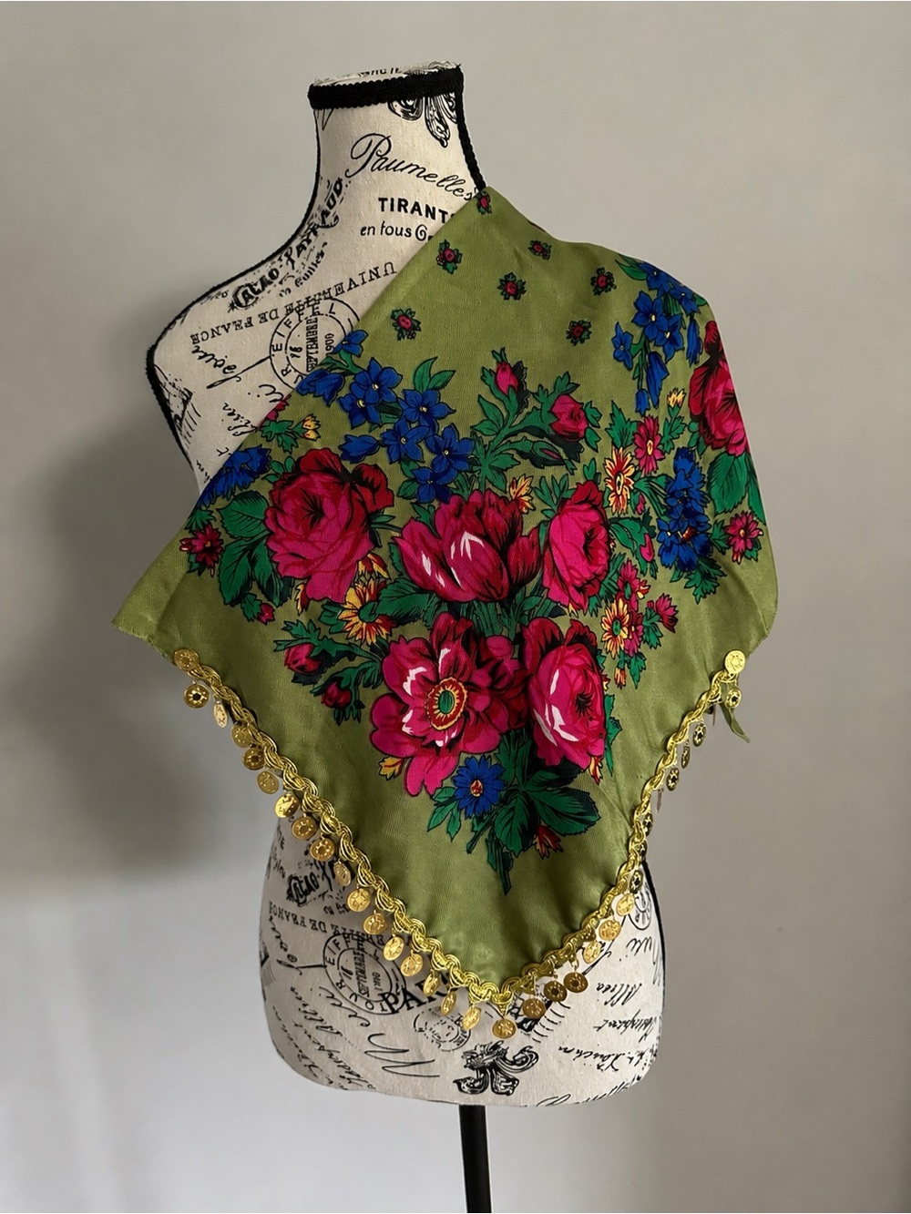 Vintage Floral Coin-Trim Scarf/Shawl/Babushka– 26” x 26”